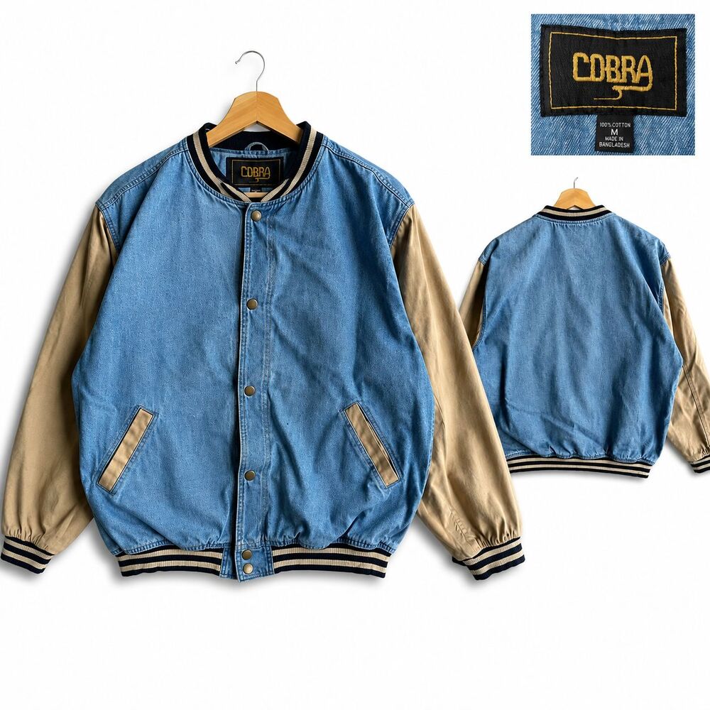 Vintage 1980s Cobra Varsity Bomber Jacket Blue Beige Medium Band Collar Pockets